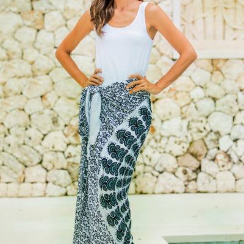 Batik Rayon Sarong in Aqua Blue from Indonesia, "Aqua Sunshine" - Picture 4 of 10